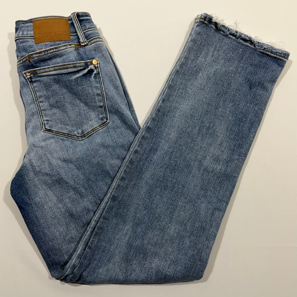 Judy Blue Dad Jean Womens 1/25 High Rise Mid Wash Distressed Raw Hem JB82540MD